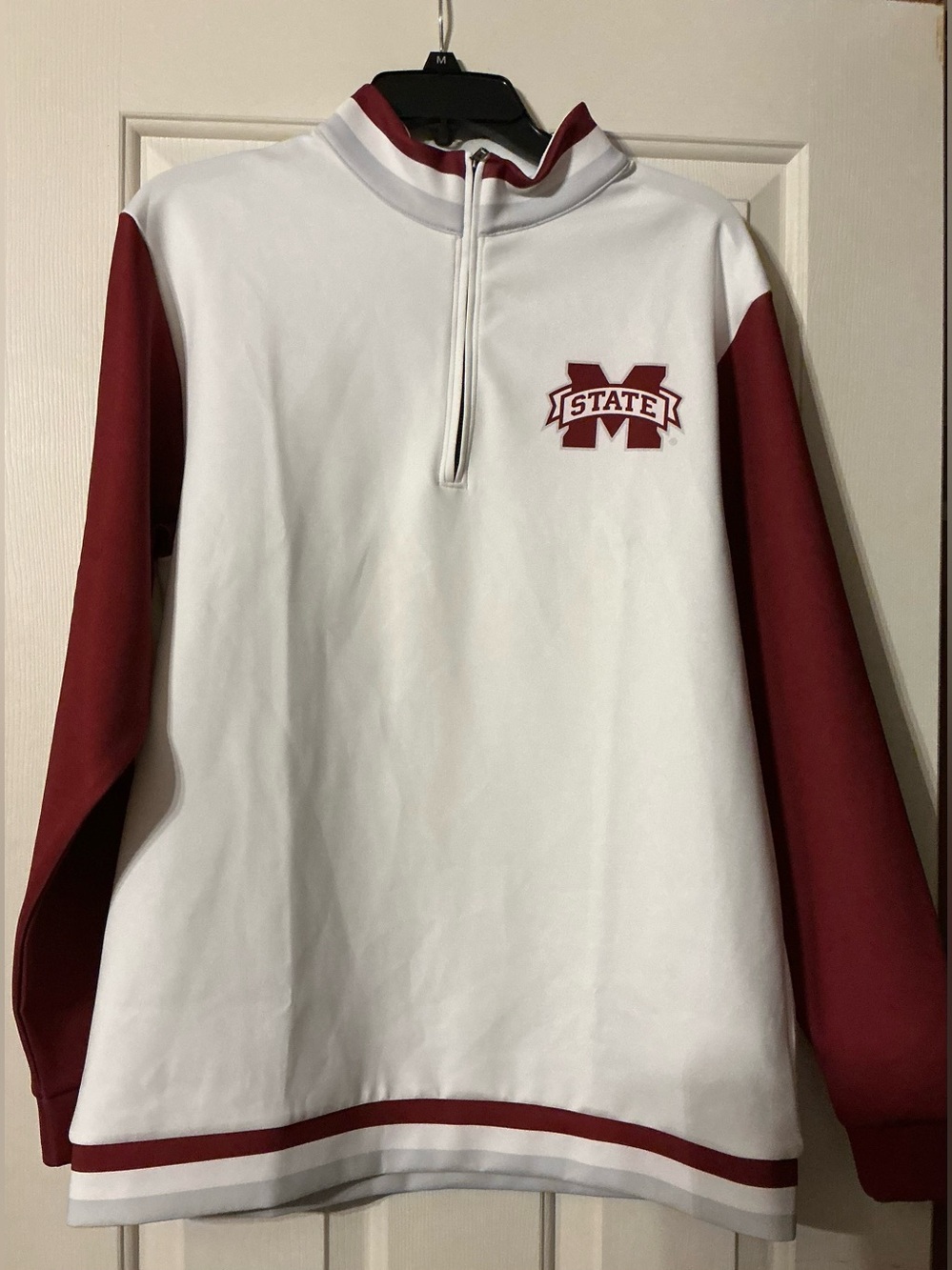 Men's MSU White and Maroon 1/4 Zip Pullover Sweater - MSU Logo
